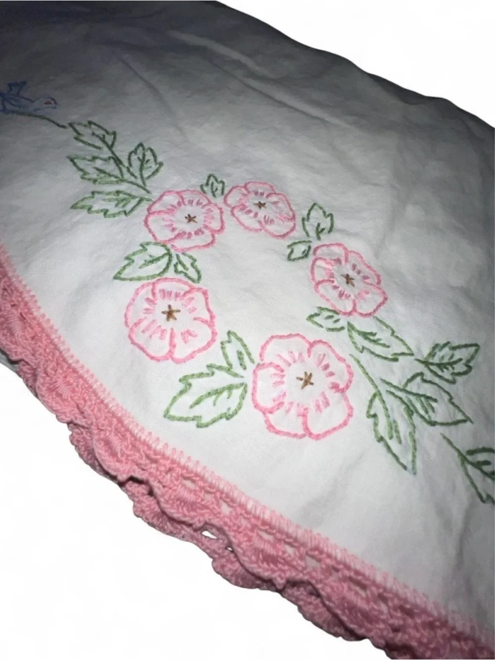 Embroidered Floral Pillowcase with Pink Lace Trim